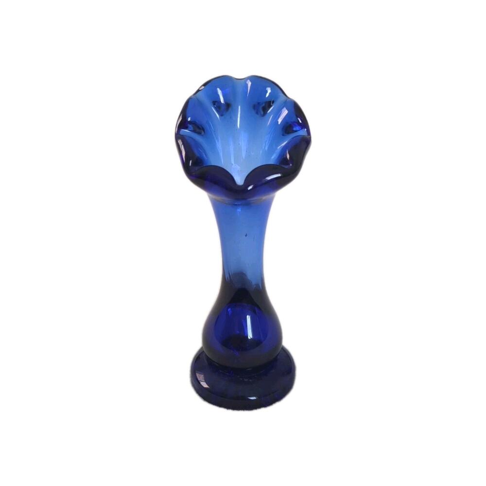 Vintage Blue Ombre Art Glass Flower Vase with Fluted Top
